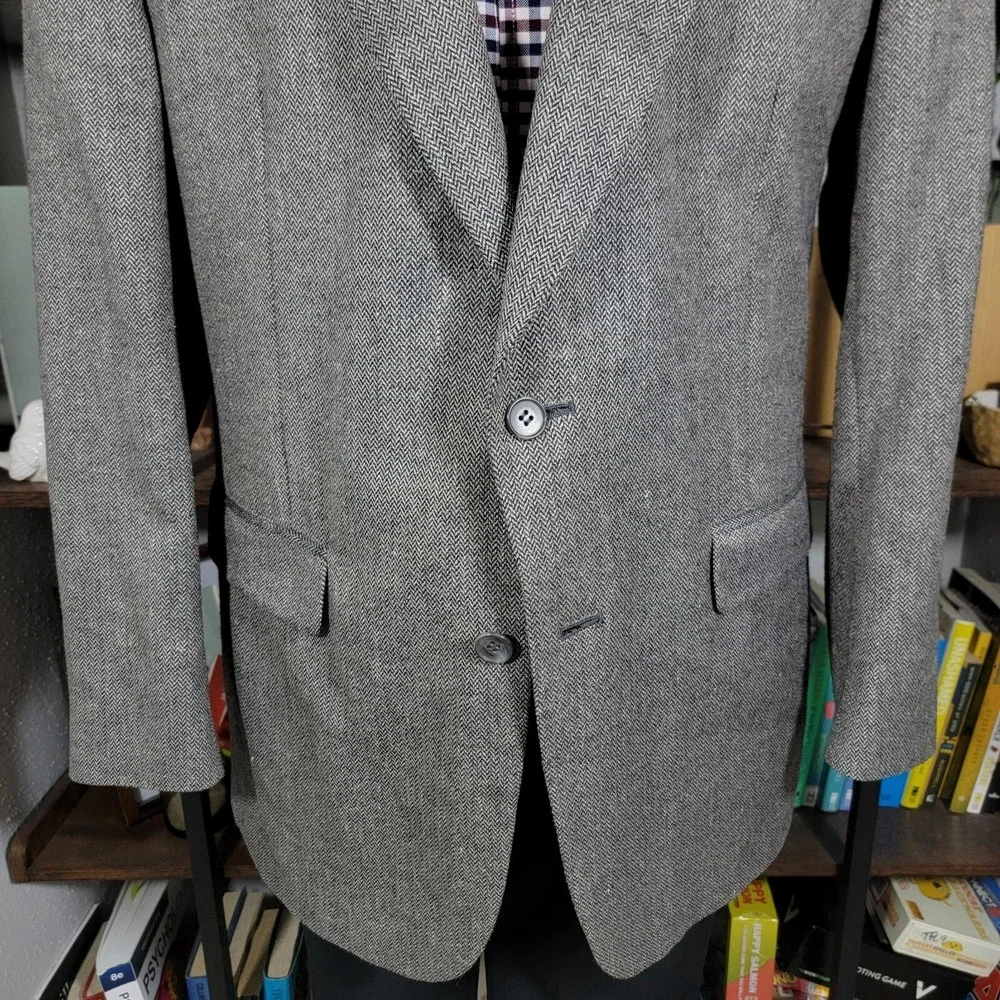 Town Craft Mens Sport Coat Blazer Two Button Gray Herringbone Silk Poly Wool 43L